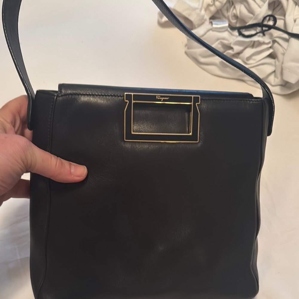 Salvatore Ferragamo Black Shoulder Bag with Gold Accents